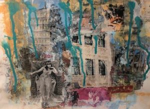Image of mixed media collage showing people and buildings.