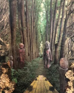 Haunted Forest--mixed media collage by artist Erika Lally