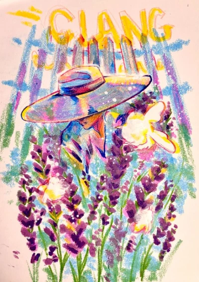 Artwork by Deirdre Beck titled "Lavender Bees" showing woman in wide-brimmed hat in garden behind a thicket of lavender. Medium: colored pencil, tempera paint stick and acrylic paint pen on paper.
