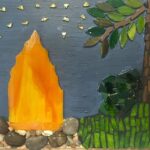 Glass mosaic art showing a campfire under a clear night starry sky, a large tree stands nearby.