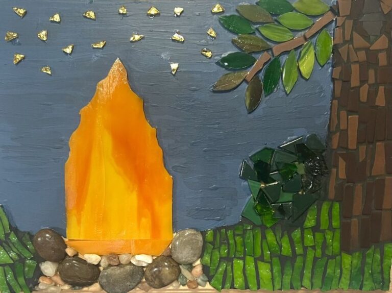 Glass mosaic art showing a campfire under a clear night starry sky, a large tree stands nearby.
