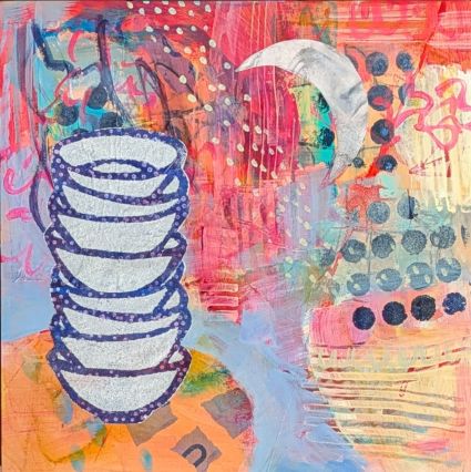 Mixed media artwork on board showing eight stacked soup bowls over a colorful background