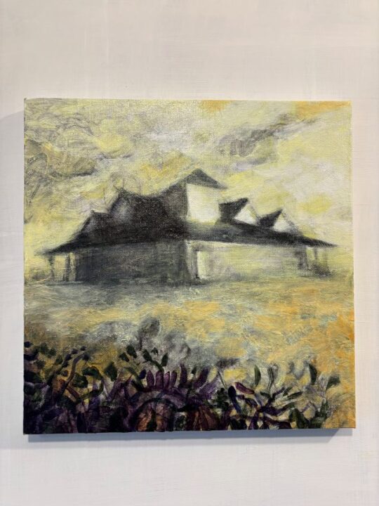 Mixed media artwork showing a large house in the rain by David Winkler