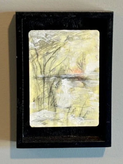 Mixed media artwork by David Winkler evoking a cold winter landscape with barren trees and a frozen river bed or pond. Yellow background suggests sunrise or sunset.