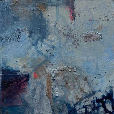 Acrylic and collage on wood board. Overall tone is blue. By Judith Rosenbaum