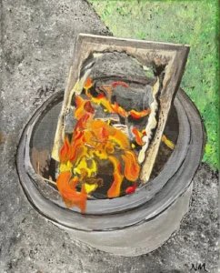 Acrylic paint on canvas showing a framed canvas burning in a round bin. Orange and yellow flames rise from the burned out canvas.