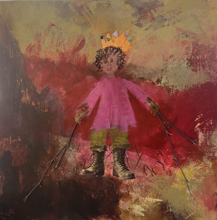 Acrylic and collage on wood board depicting young princess in pink dress and brown combat boots. Gold grown atop head. She is holding sticks.