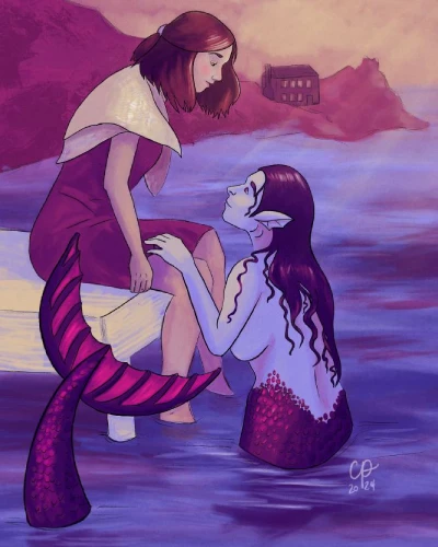 Digital artwork by Chiara Pieri. An illustration showing a mermaid coming out of the water, hands on the knees of a female who is sitting on the dock, as if they are speaking to each other. Water is purple.