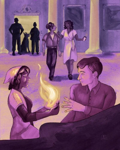 Illustration of a young woman holding fire out to a young man. In the background other people walking toward them. Overall tone of piece is purple, giving it a dark, evening vibe. Digital artwork.