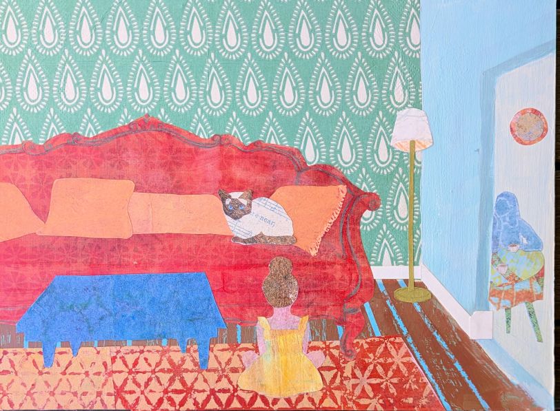 "Come to Me" by Jen Blesso. Mixed media on wood panel