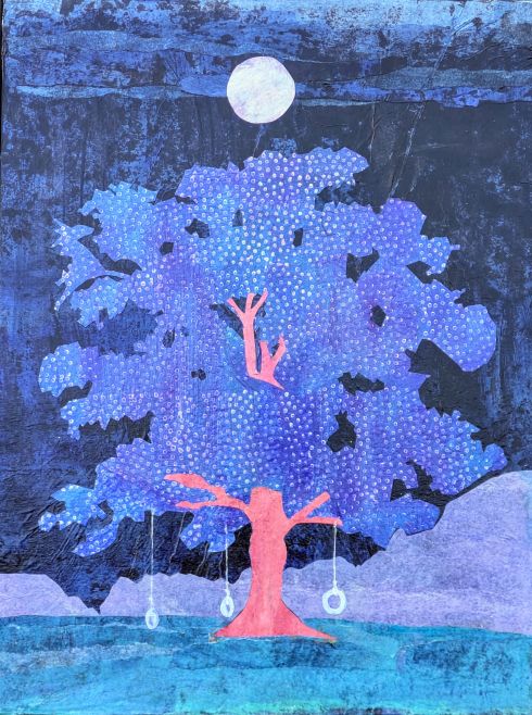 Magritte's Moon Mom's Swings by artist Jen Blesso. Mixed media on wood.