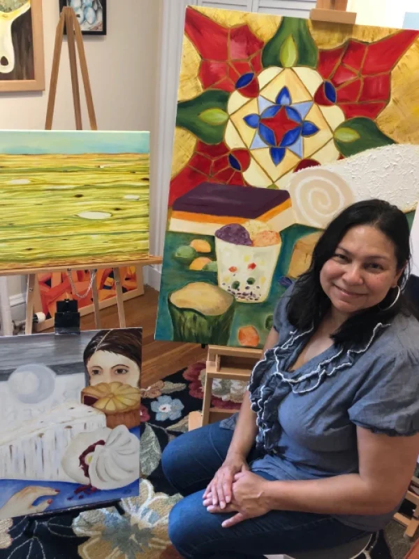 Artist Rebecca Flores-Mantilla in her studio